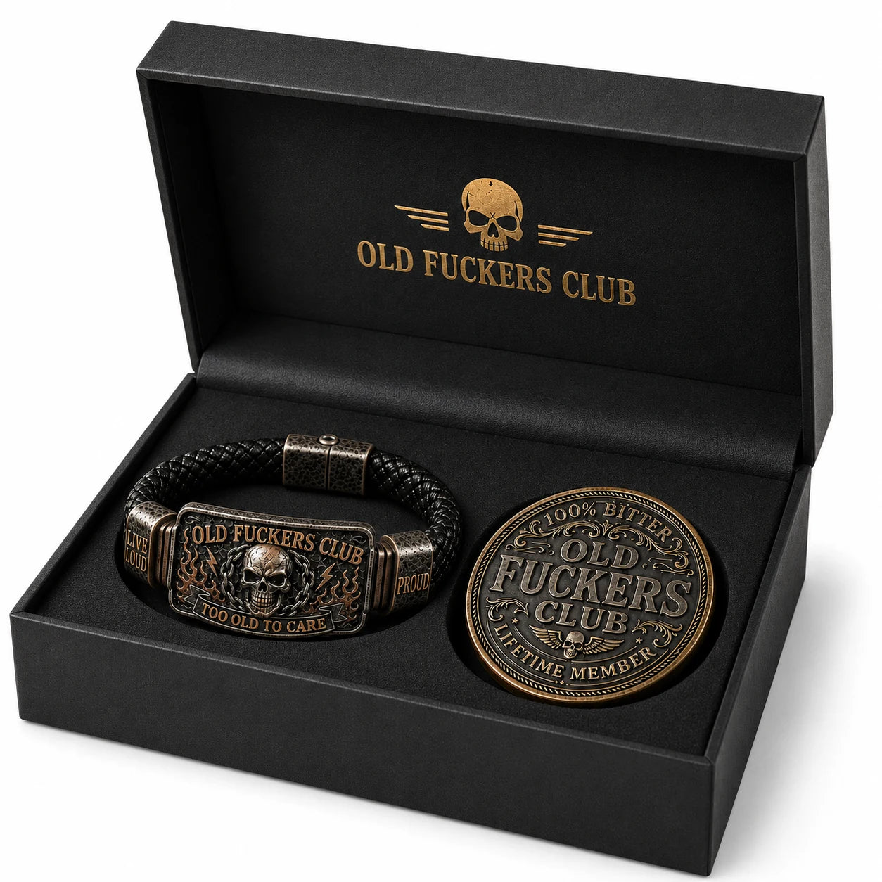 Old Fuckers Club bracelet and collector coin displayed in a black gift box